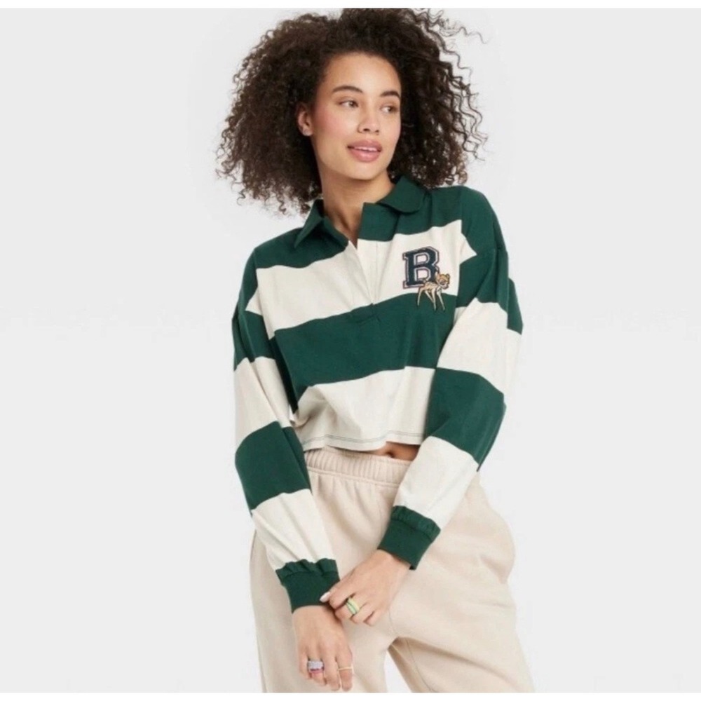 Disney Bambi Cropped Rugby Shirt Womens Medium Green Cream Striped Long Sleeve